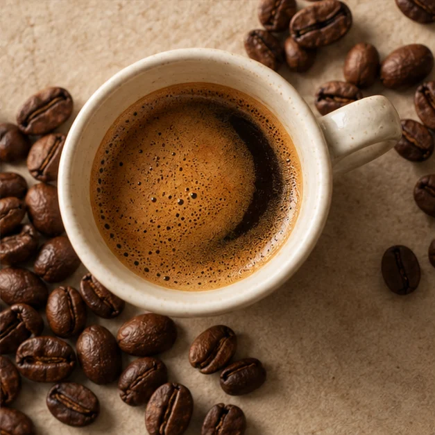 Existing generated RONA still life of coffee in a ceramic cup with scattered beans; illustrative imagery, not physical product photography