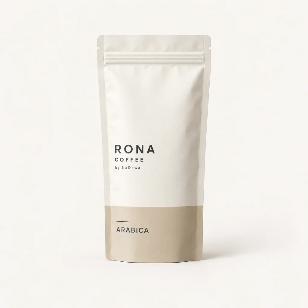 Approved generated RONA Arabica packaging mockup: original ivory pouch with beige label; not physical product photography