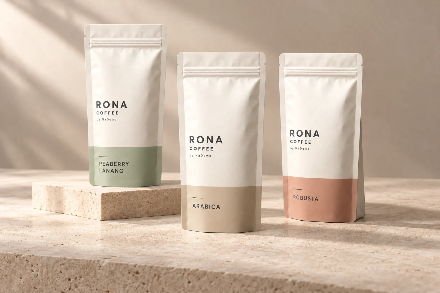 Approved generated RONA packaging concept composition: Peaberry / Lanang, Arabica and Robusta pouches on pale stone; not a photograph of physical products
