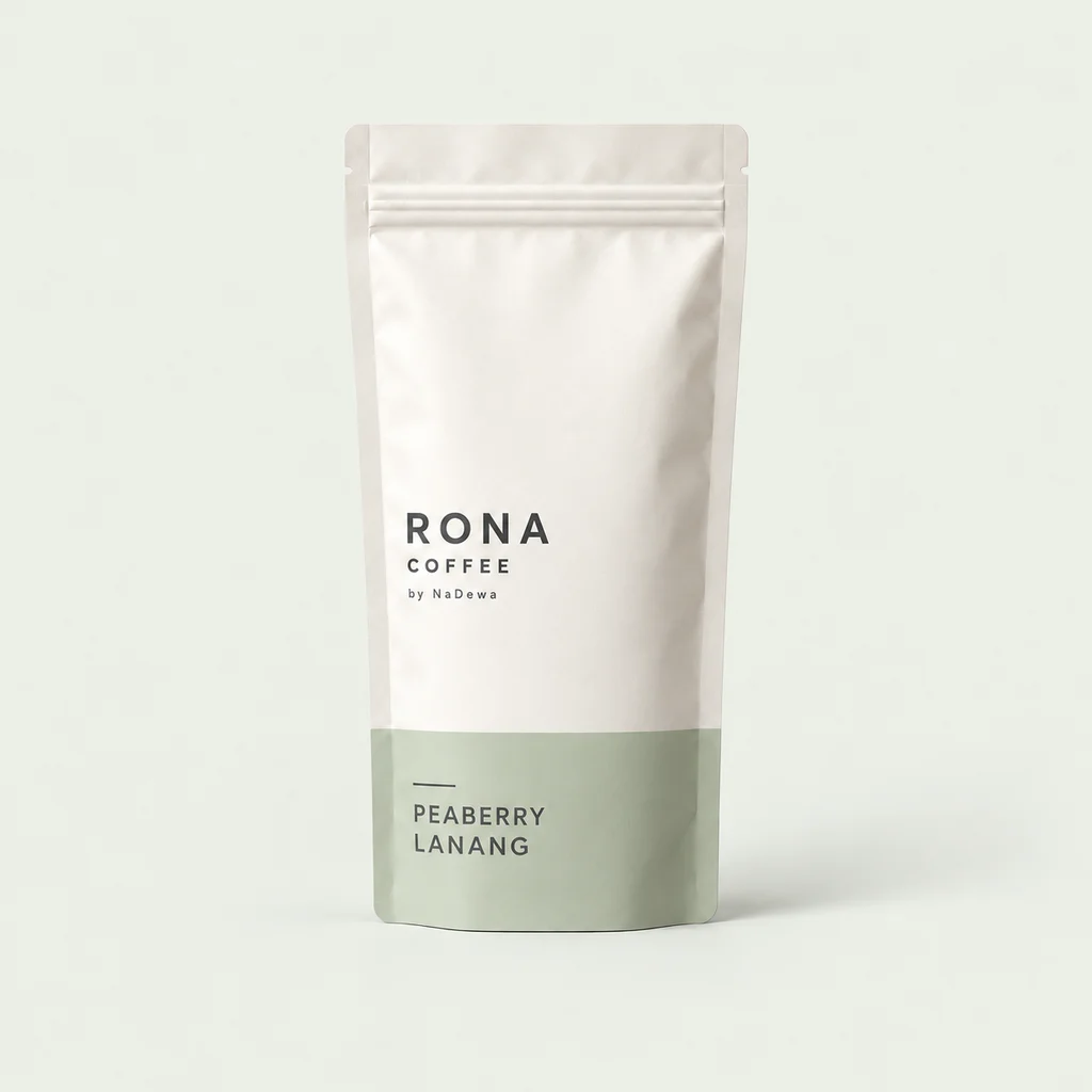 Approved generated RONA Peaberry / Lanang packaging mockup: original ivory pouch with sage label; not physical product photography