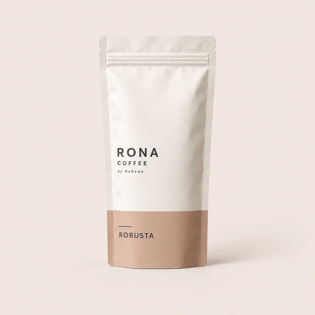 Approved generated RONA Robusta packaging mockup: original ivory pouch with terracotta label; not physical product photography
